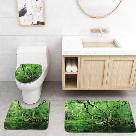 CHAPLLE Green Forest Moss Leaves Nature Themed Isolated Jungle Photo Dark Brown and 3 Piece Bathroom Rugs Set Bath Rug Contour Mat and Toilet Lid Cover