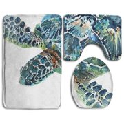 CHAPLLE Green Sea Turtle 3 Piece Bathroom Rugs Set Bath Rug Contour Mat and Toilet Lid Cover