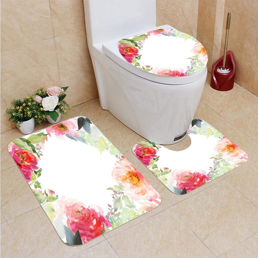 CHAPLLE Greeting Card Watercolor Flowers Handmade 3 Piece Bathroom Rugs ...