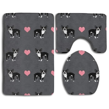 CHAPLLE Grey Boston Terrier Love Hearts 3 Piece Bathroom Rugs Set Bath Rug Contour Mat and Toilet Lid Cover