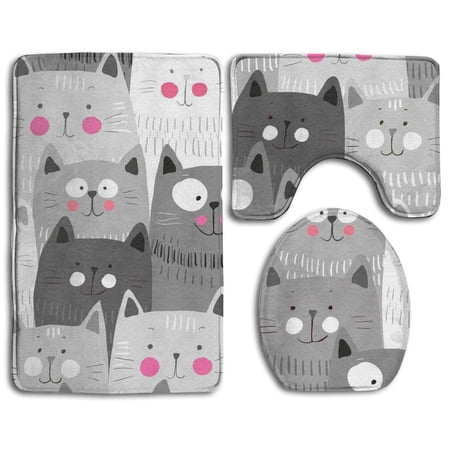 CHAPLLE Grey Cat 3 Piece Bathroom Rugs Set Bath Rug Contour Mat and Toilet Lid Cover