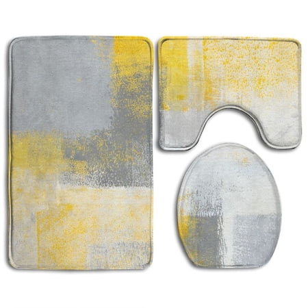 CHAPLLE Grey Yellow Abstract Art Painting 3 Piece Bathroom Rugs Set Bath Rug Contour Mat and Toilet Lid Cover