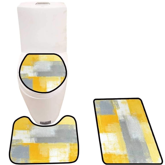 CHAPLLE Grey Yellow Art Paint 3 Piece Bathroom Rugs Set Bath Rug Contour Mat and Toilet Lid Cover