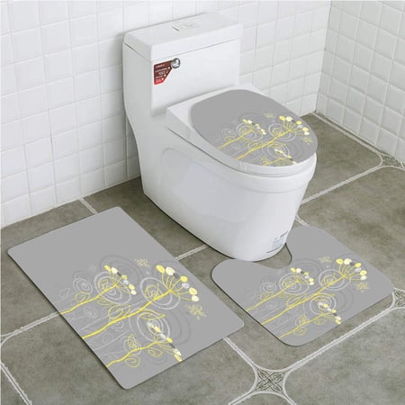CHAPLLE Grey and Yellow Under Sea Inspired Flowers Abstract Swirls Backdrop Charcoal 3 Piece Bathroom Rugs Set Bath Rug Contour Mat and Toilet Lid Cover