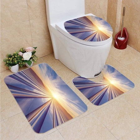 CHAPLLE Grid Horizon Sunset 3 Piece Bathroom Rugs Set Bath Rug Contour Mat and Toilet Lid Cover