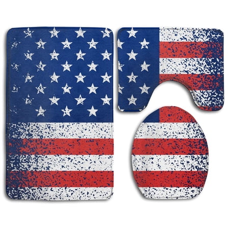 CHAPLLE Grunge Texture American Flag 3 Piece Bathroom Rugs Set Bath Rug Contour Mat and Toilet Lid Cover