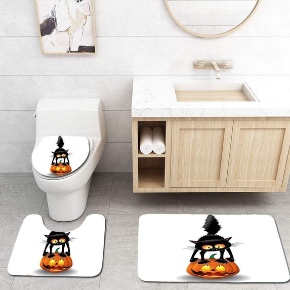 CHAPLLE Halloween Black Cat on Pumpkin Spooky Cartoon Characters Halloween Humor Art 3 Piece Bathroom Rugs Set Bath Rug Contour Mat and Toilet Lid Cover
