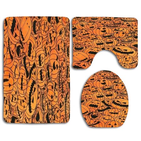 CHAPLLE Halloween Pumpkin 3 Piece Bathroom Rugs Set Bath Rug Contour Mat and Toilet Lid Cover
