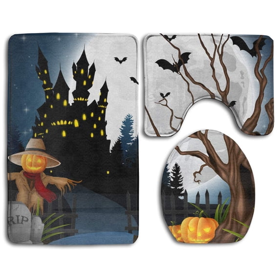 CHAPLLE Halloween Scarecrow Pumpkins 3 Piece Bathroom Rugs Set Bath Rug Contour Mat and Toilet Lid Cover