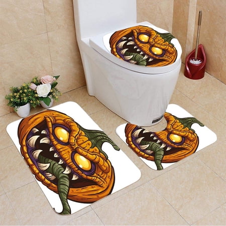 CHAPLLE Halloween Scary Pumpkin Monster Evil Character Fangs Aggressive Cartoon 3 Piece Bathroom Rugs Set Bath Rug Contour Mat and Toilet Lid Cover