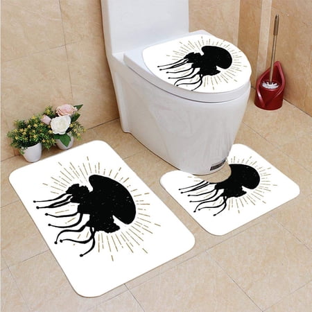 CHAPLLE Hand Drawn Textured Vintage icon Jellyfish 3 Piece Bathroom Rugs Set Bath Rug Contour Mat and Toilet Lid Cover