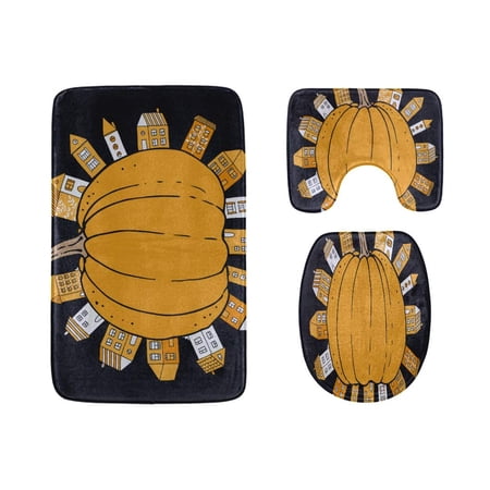 CHAPLLE Hand-Painted Pumpkin Painting 3 Piece Bathroom Rugs Set Bath Rug Contour Mat and Toilet Lid Cover