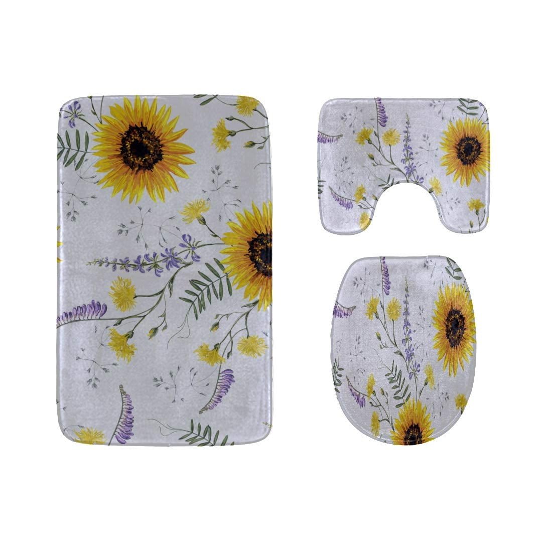 CHAPLLE Hand-Painted Sunflower Painting 3 Piece Bathroom Rugs Set Bath ...