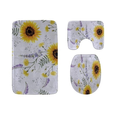 CHAPLLE Hand-Painted Sunflower Painting 3 Piece Bathroom Rugs Set Bath Rug Contour Mat and Toilet Lid Cover