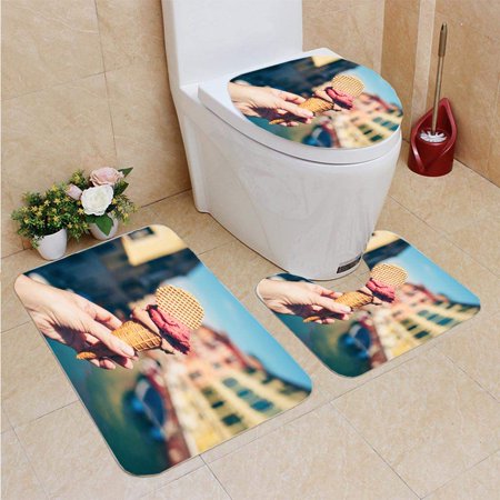 CHAPLLE Hands Holding ice Cream in Waffle Cone 3 Piece Bathroom Rugs Set Bath Rug Contour Mat and Toilet Lid Cover