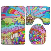 CHAPLLE Happy Camper Trippy Tie Dye Acid Cartoon 3 Piece Bathroom Rugs Set Bath Rug Contour Mat and Toilet Lid Cover