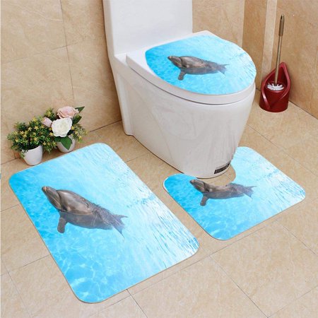 CHAPLLE Happy Dolphin in Pool 3 Piece Bathroom Rugs Set Bath Rug Contour Mat and Toilet Lid Cover