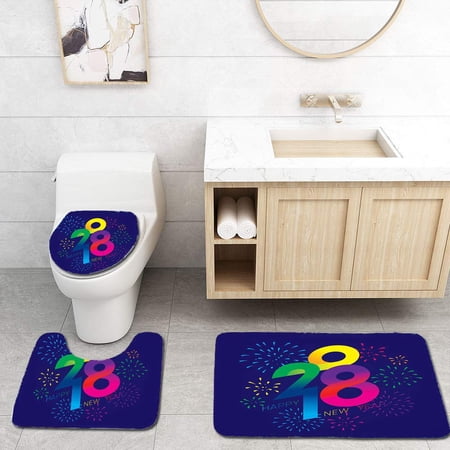 CHAPLLE Happy New Year 2018 3 Piece Bathroom Rugs Set Bath Rug Contour Mat and Toilet Lid Cover