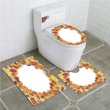 CHAPLLE Harvest Circular Frame Dried Leaves Nuts Mushrooms Persimmon Environment Food 3 Piece Bathroom Rugs Set Bath Rug Contour Mat and Toilet Lid Cover