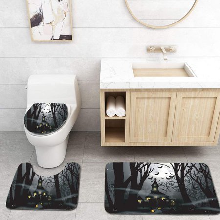 CHAPLLE Haunted House Pumpkin in Foggy Forest in Full Moon 3 Piece Bathroom Rugs Set Bath Rug Contour Mat and Toilet Lid Cover