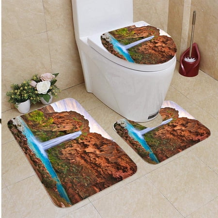 CHAPLLE Havasu Falls 3 Piece Bathroom Rugs Set Bath Rug Contour Mat and Toilet Lid Cover