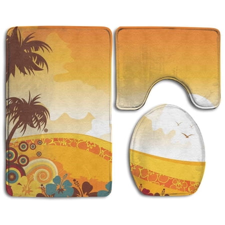 CHAPLLE Hawaii Hibiscus Palm 3 Piece Bathroom Rugs Set Bath Rug Contour Mat and Toilet Lid Cover
