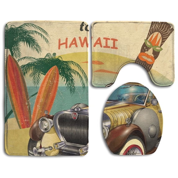 CHAPLLE Hawaii Retro American Pop Art Car Palms Tribal Mask 3 Piece Bathroom Rugs Set Bath Rug Contour Mat and Toilet Lid Cover