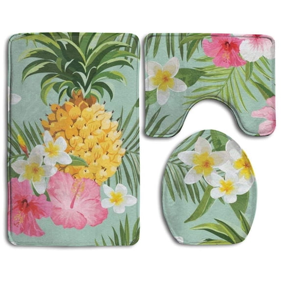 CHAPLLE Hawaiian Pineapple Flowers Floral 3 Piece Bathroom Rugs Set Bath Rug Contour Mat and Toilet Lid Cover