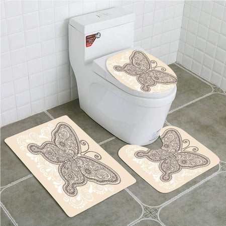 CHAPLLE Henna Hand Drawn Abstract Butterfly Various Elements Flowers Hearts 3 Piece Bathroom Rugs Set Bath Rug Contour Mat and Toilet Lid Cover