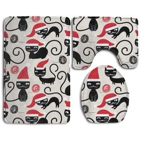 CHAPLLE Holiday Christmas Cats 3 Piece Bathroom Rugs Set Bath Rug Contour Mat and Toilet Lid Cover
