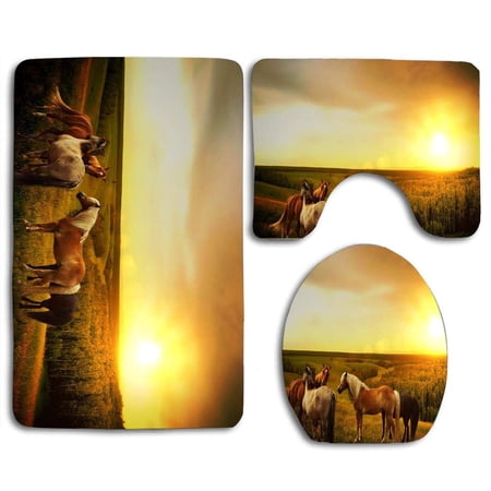 CHAPLLE Horse on Prairie Sunset 3 Piece Bathroom Rugs Set Bath Rug Contour Mat and Toilet Lid Cover