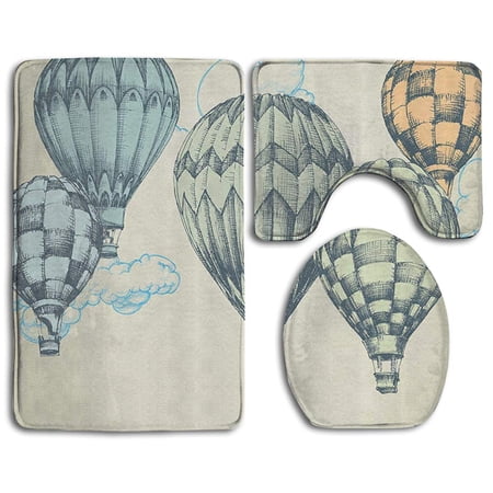CHAPLLE Hot Air Balloons 3 Piece Bathroom Rugs Set Bath Rug Contour Mat and Toilet Lid Cover