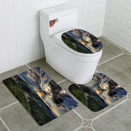 CHAPLLE Hot Springs Sun Rays 3 Piece Bathroom Rugs Set Bath Rug Contour Mat and Toilet Lid Cover