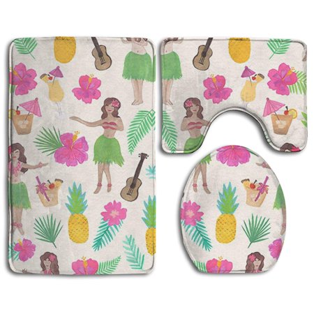 CHAPLLE Hula Girl Floral 3 Piece Bathroom Rugs Set Bath Rug Contour Mat and Toilet Lid Cover