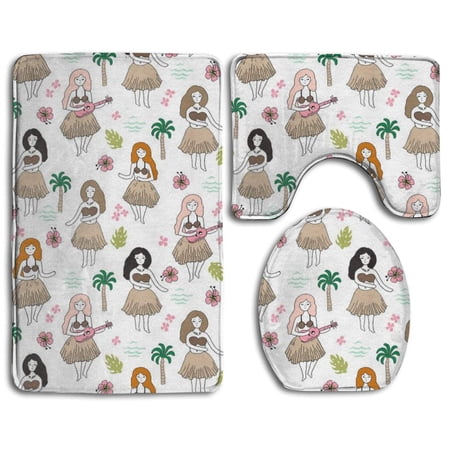 CHAPLLE Hula Girls 3 Piece Bathroom Rugs Set Bath Rug Contour Mat and Toilet Lid Cover