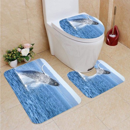 CHAPLLE Humpback Whale in Bay Fundy 3 Piece Bathroom Rugs Set Bath Rug Contour Mat and Toilet Lid Cover