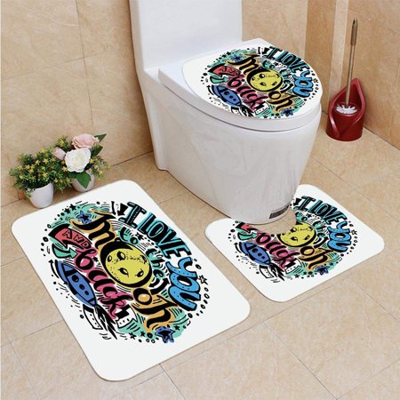 CHAPLLE I Love You Grunge Retro Colorful Crazy Composition Rocket Figure Declaration Love Phrase 3 Piece Bathroom Rugs Set Bath Rug Contour Mat and Toilet Lid Cover