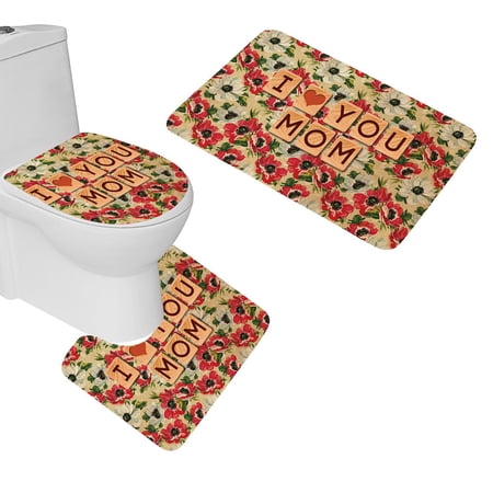 CHAPLLE I Love You Mom Flower 3 Piece Bathroom Rugs Set Bath Rug Contour Mat and Toilet Lid Cover