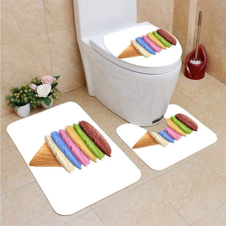 CHAPLLE Ice Cream Cone 3 Piece Bathroom Rugs Set Bath Rug Contour Mat and Toilet Lid Cover