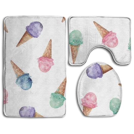 CHAPLLE Ice Cream Cone 3 Piece Bathroom Rugs Set Bath Rug Contour Mat and Toilet Lid Cover