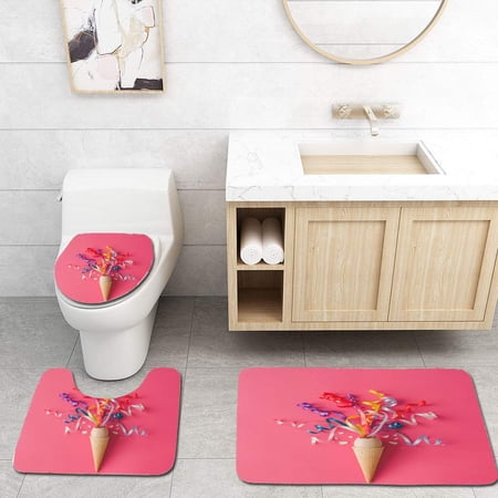 CHAPLLE Ice Cream Cone Egg and Party Streamers on Pink Minimal Food Concept Flat Lay 3 Piece Bathroom Rugs Set Bath Rug Contour Mat and Toilet Lid Cover