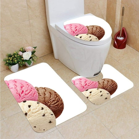 CHAPLLE Ice Cream Scoops 3 Piece Bathroom Rugs Set Bath Rug Contour Mat and Toilet Lid Cover
