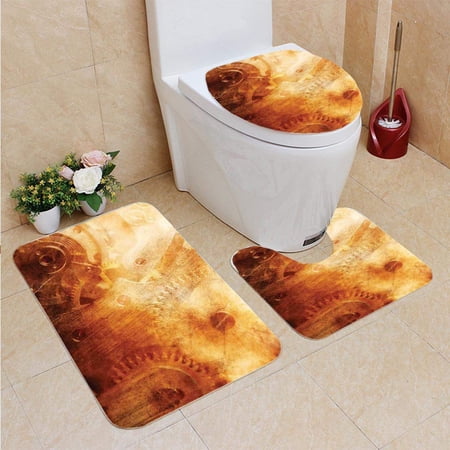 CHAPLLE Industrial Ancient Machinery Mechanism in Retro Colors Historical Rust Motion Conc 3 Piece Bathroom Rugs Set Bath Rug Contour Mat and Toilet Lid Cover