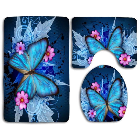 CHAPLLE Insects Splash Butterfly Flowers Wings Deep Wonderful Pinks Quotes 3 Piece Bathroom Rugs Set Bath Rug Contour Mat and Toilet Lid Cover