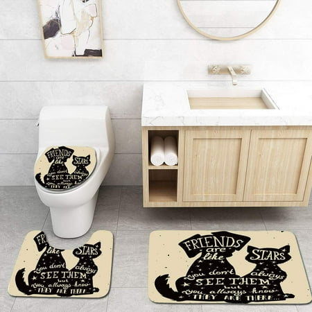 CHAPLLE Inspirational Cat and Dog Silhouettes Friendship Themed Phrase ans Stars Grungy Display 3 Piece Bathroom Rugs Set Bath Rug Contour Mat and Toilet Lid Cover
