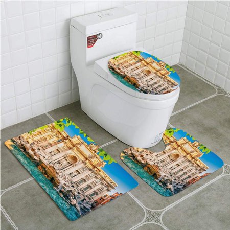 CHAPLLE Italy Fountain Di Trevi Famous Travel Destination Tourist Attraction European 3 Piece Bathroom Rugs Set Bath Rug Contour Mat and Toilet Lid Cover
