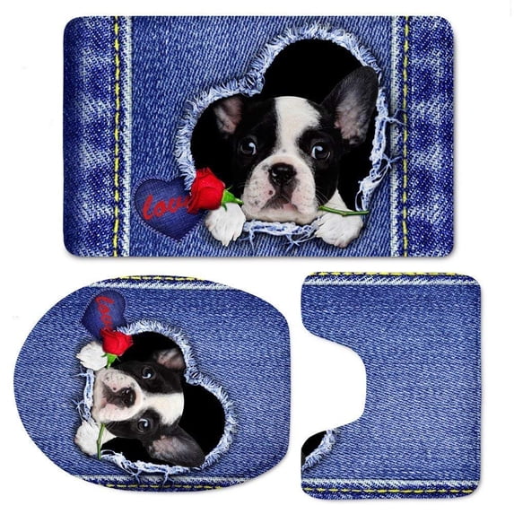 CHAPLLE Jean Blue French Bulldog 3 Piece Bathroom Rugs Set Bath Rug Contour Mat and Toilet Lid Cover