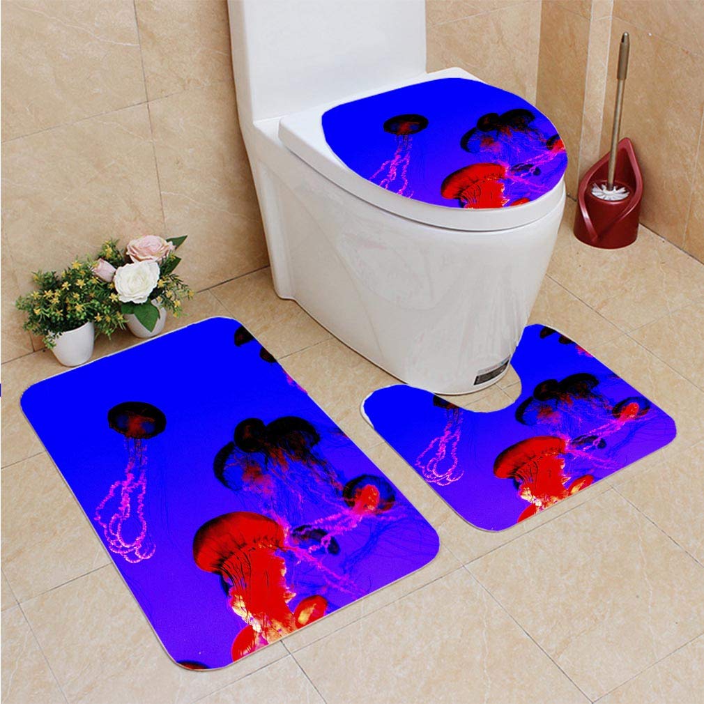 CHAPLLE Jellyfish 3 Piece Bathroom Rugs Set Bath Rug Contour Mat and