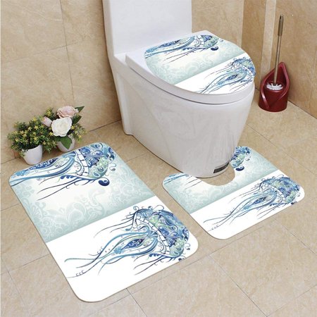 CHAPLLE Jellyfish 3 Piece Bathroom Rugs Set Bath Rug Contour Mat and Toilet Lid Cover