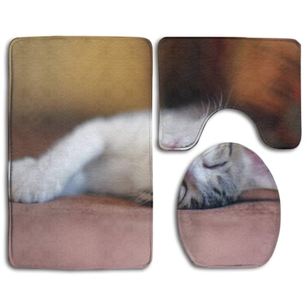 CHAPLLE Kawaii Sleeping Cat 3 Piece Bathroom Rugs Set Bath Rug Contour Mat and Toilet Lid Cover